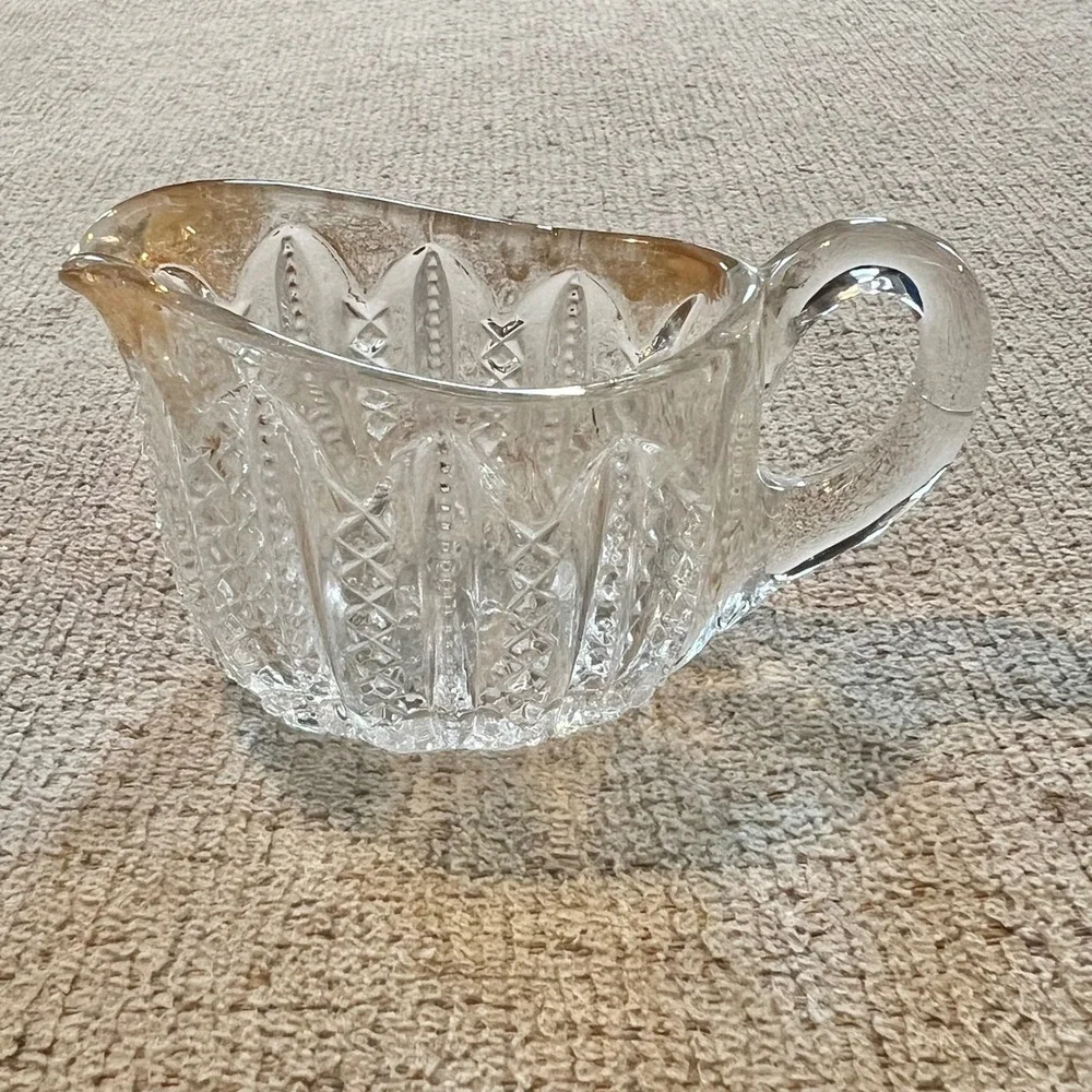Vintage Pressed Glass Serving Gold Rimmed Dish Creamer Sugar Bowl 4 pieces